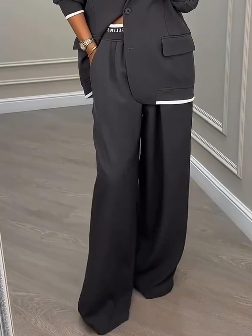 Fashion Sports Style Colorblock Elastic Waist Pocket Loose Pants Ash