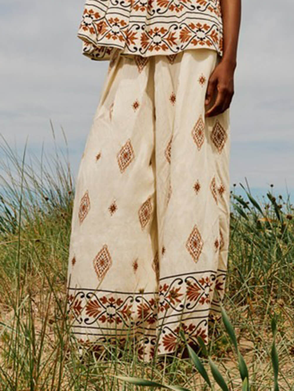 Retro Ethnic Print Loose With Pockets Elastic Wide-Leg Pants Multicolor