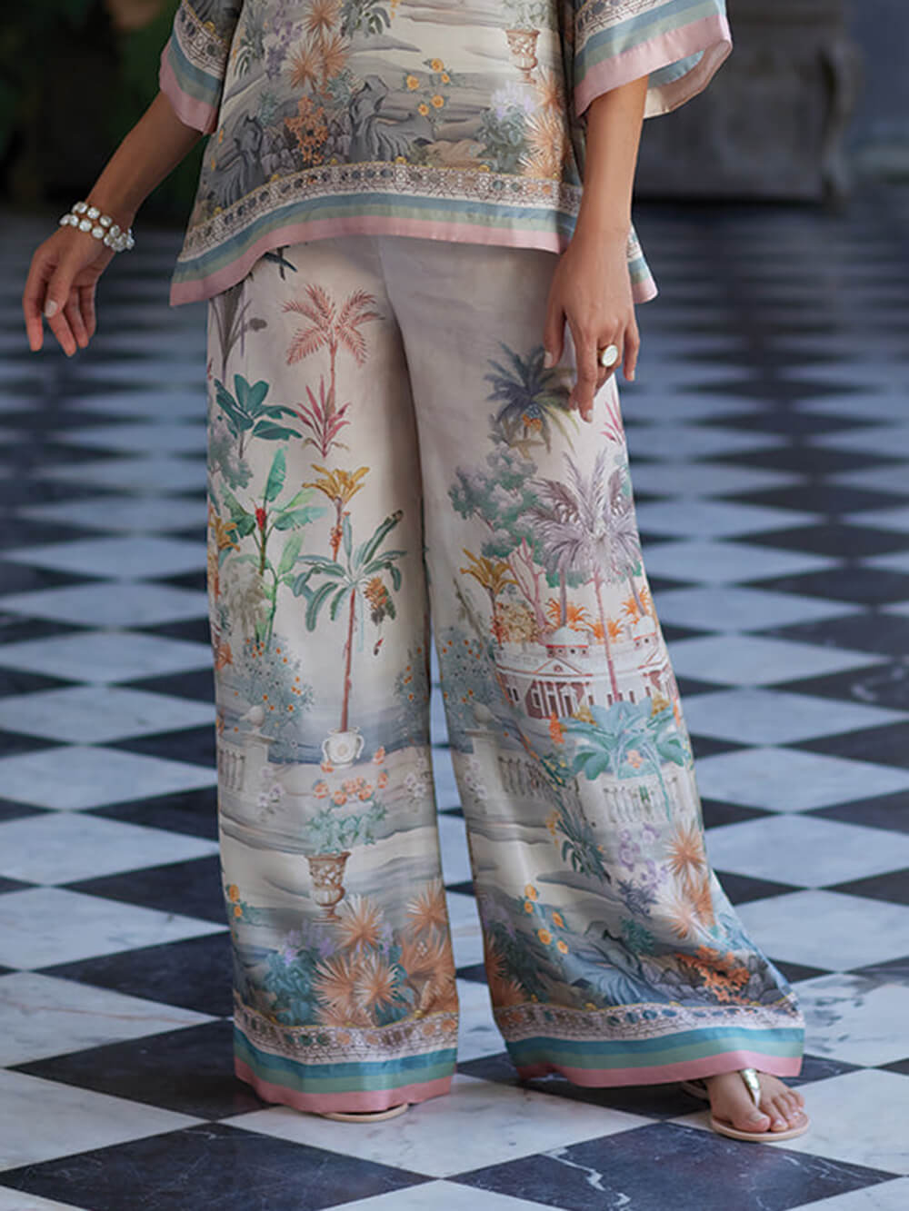 Playful Elegance Digital Print Loose Elastic Waist Wide Leg Pants Multicolor