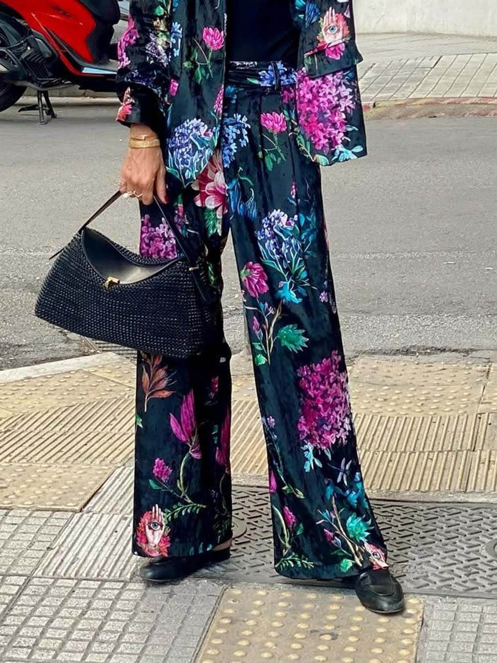 Retro Floral Print Elastic Waist Pocket Wide-Leg Pants Black