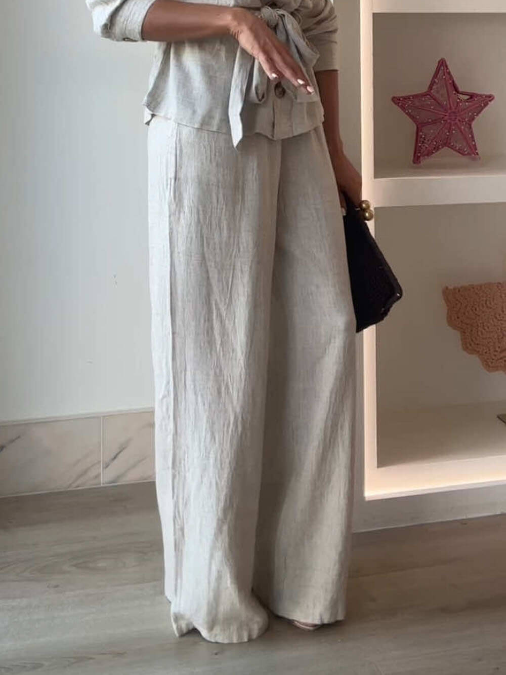 Classic Linen Elastic Waist Pocket Loose Wide Leg Pants Gray