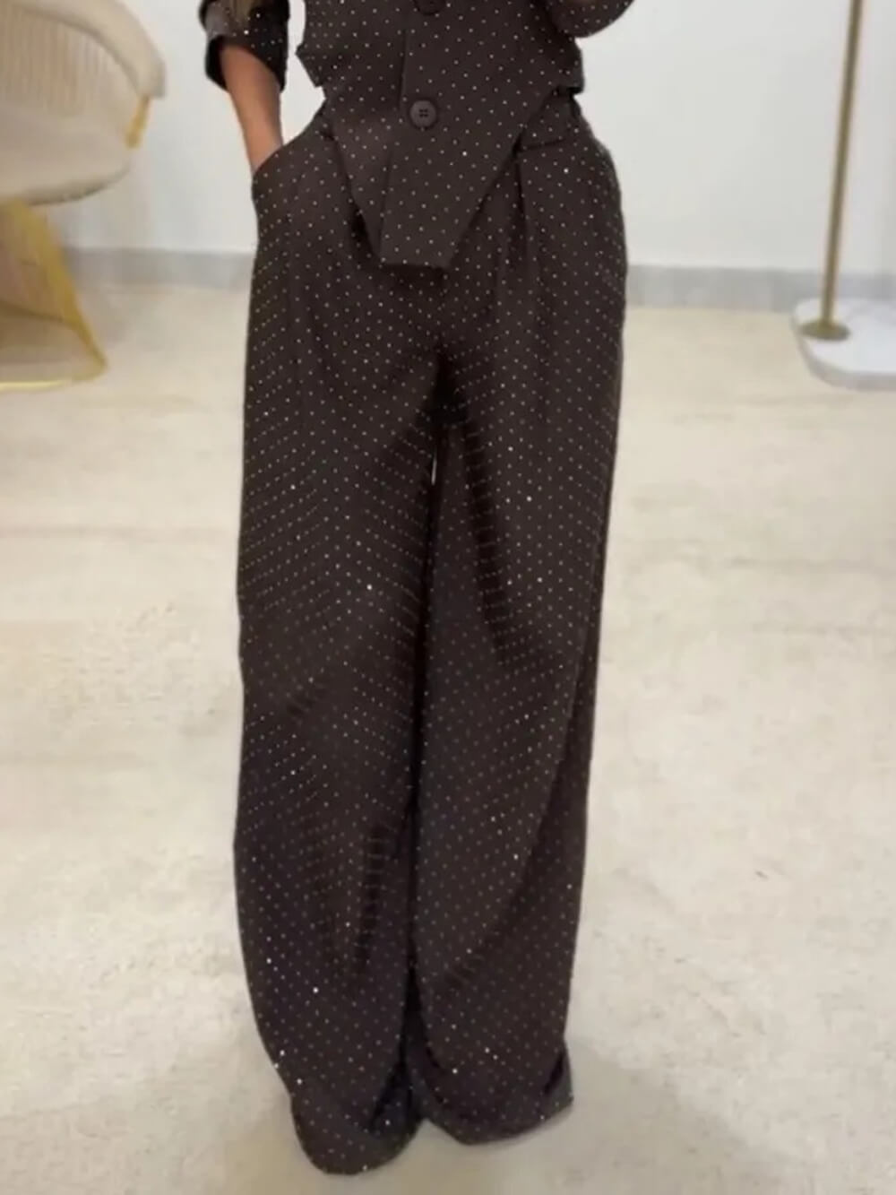 Chic Commute High-Waist Sequin Pocket Pants Dark Brown