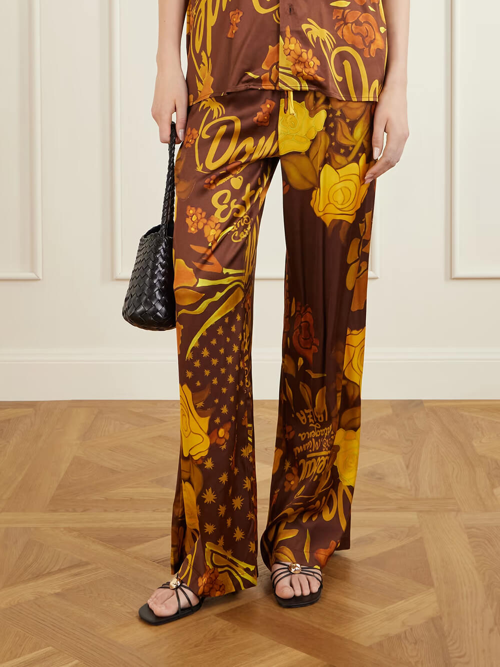 Unique Printed Satin Elastic Waist Pocket Wide-Leg Pants Brown