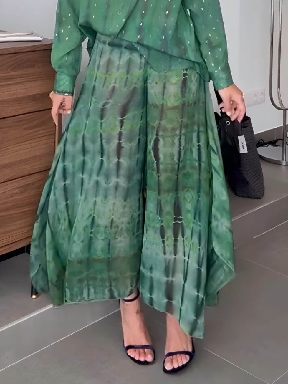 Unique Tie-Dye Patchwork Chiffon Wide-Leg Pants Green