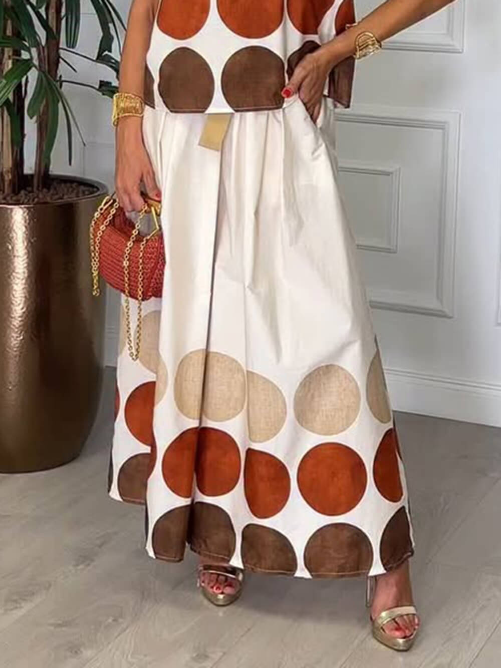 Retro Unique Round Print Pocket Pleated Flared Pants Multicolor