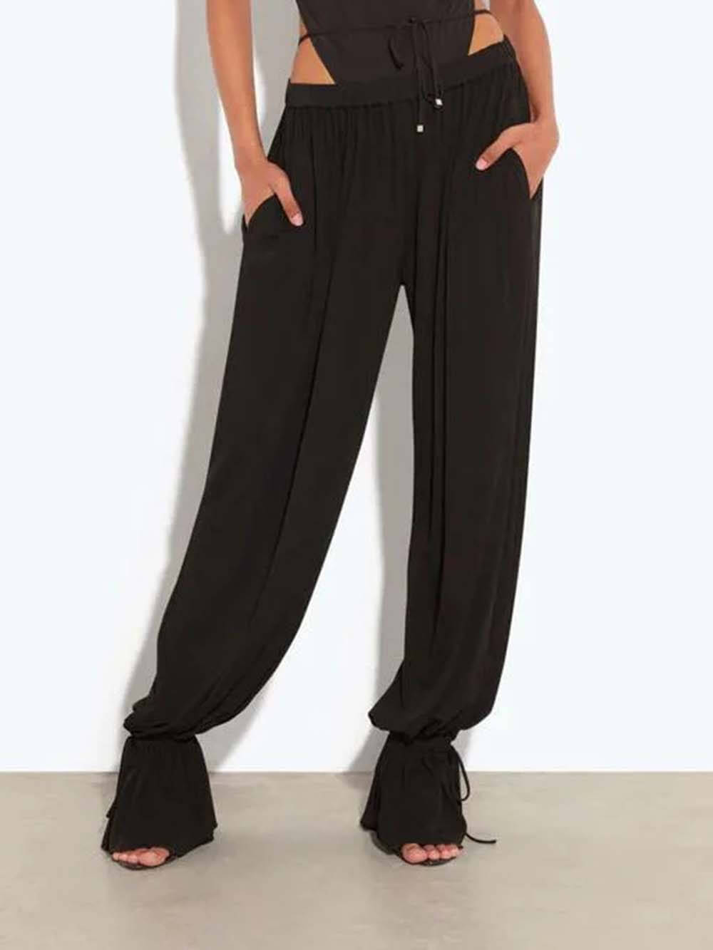 Casual Ruched Pocket Elastic Waistband Pants Black