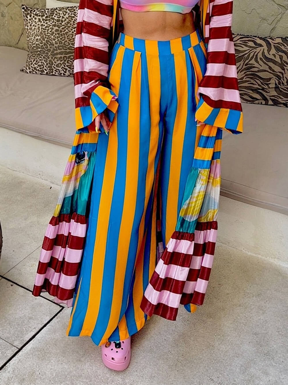 Unique Fashion Striped Print Elastic-Waist Wide-Leg Pants Multicolor