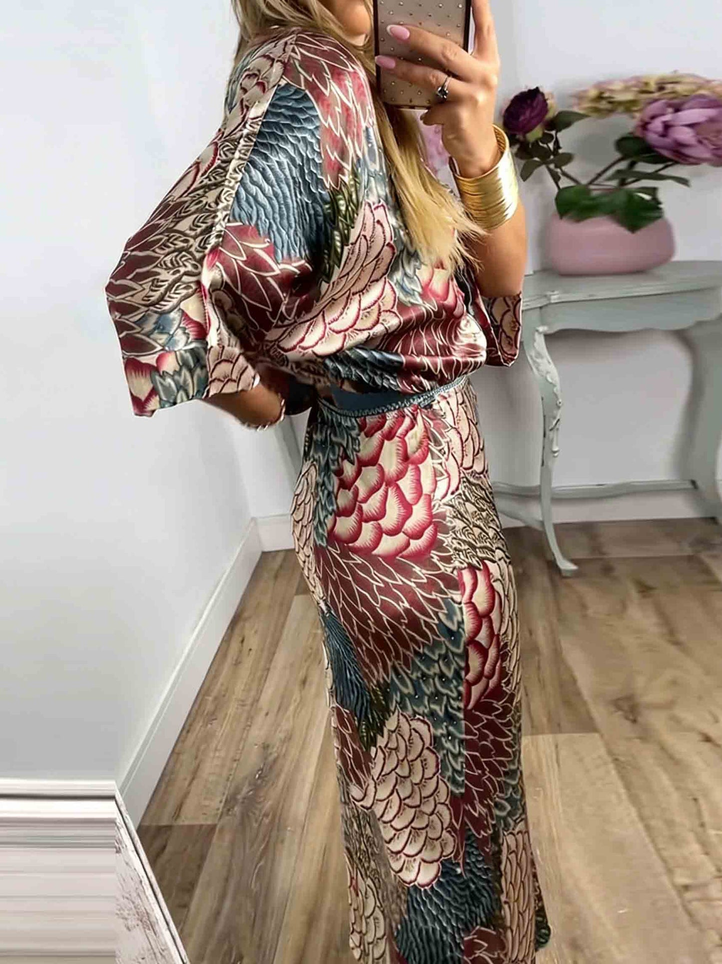 Retro Scale Print Satin Printed Batwing Sleeve Top