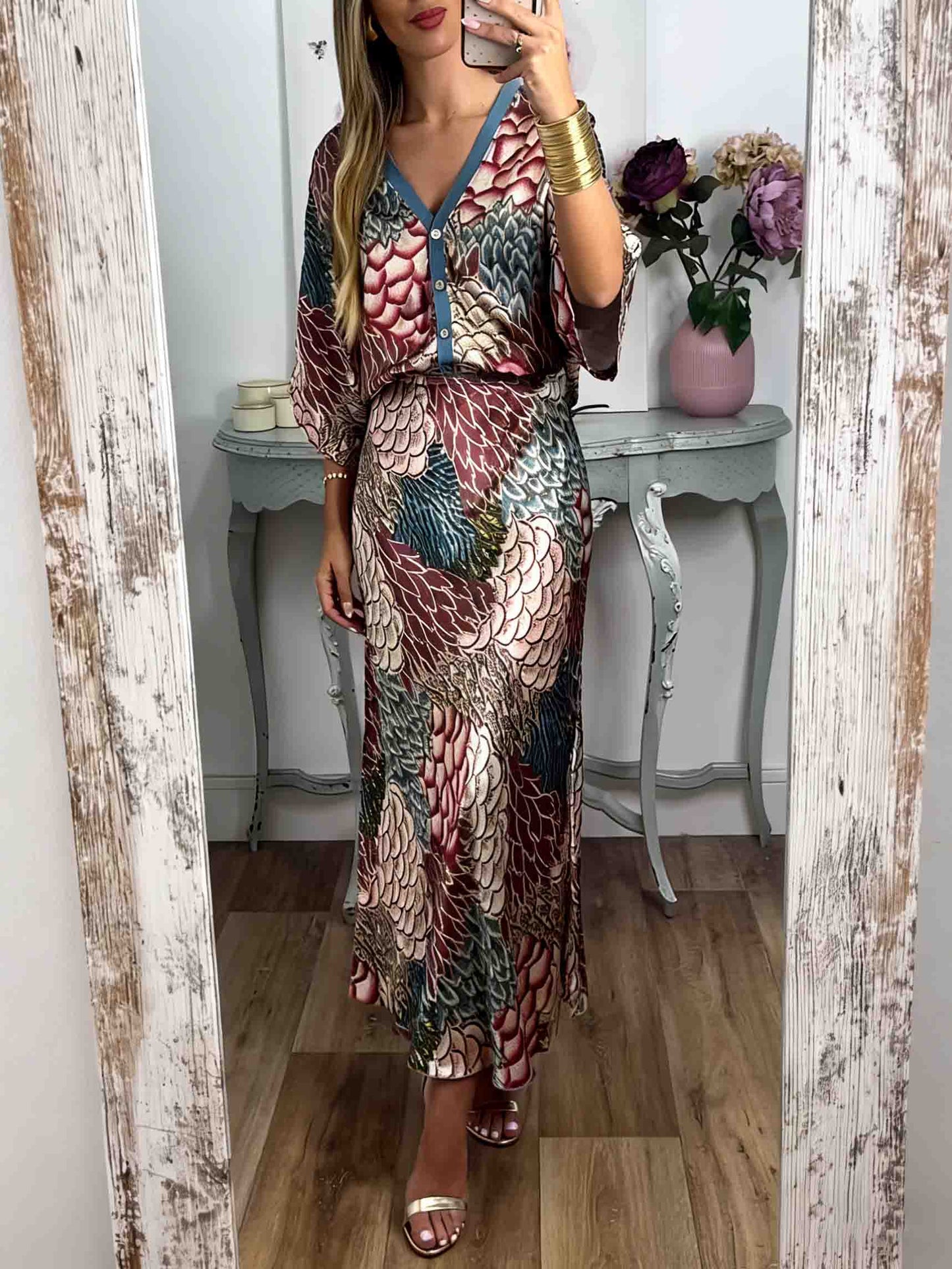 Retro Scale Print Satin Printed Batwing Sleeve Top