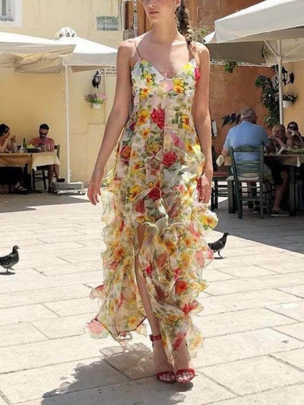 Fashionable Chiffon Printed Off-Shoulder Slit Maxi Dress Yellow