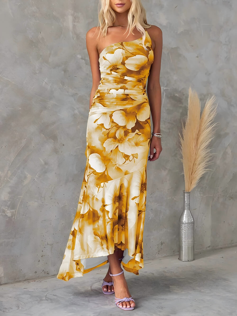 Beautiful Casual Off-Shoulder Floral Print Elastic Slim Irregular Maxi Dress Yellow
