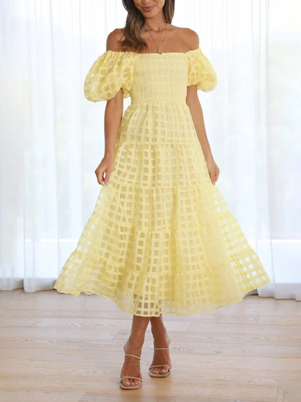 Fashionable One-Shoulder Chiffon Puff Sleeve Swing Midi Dress Yellow