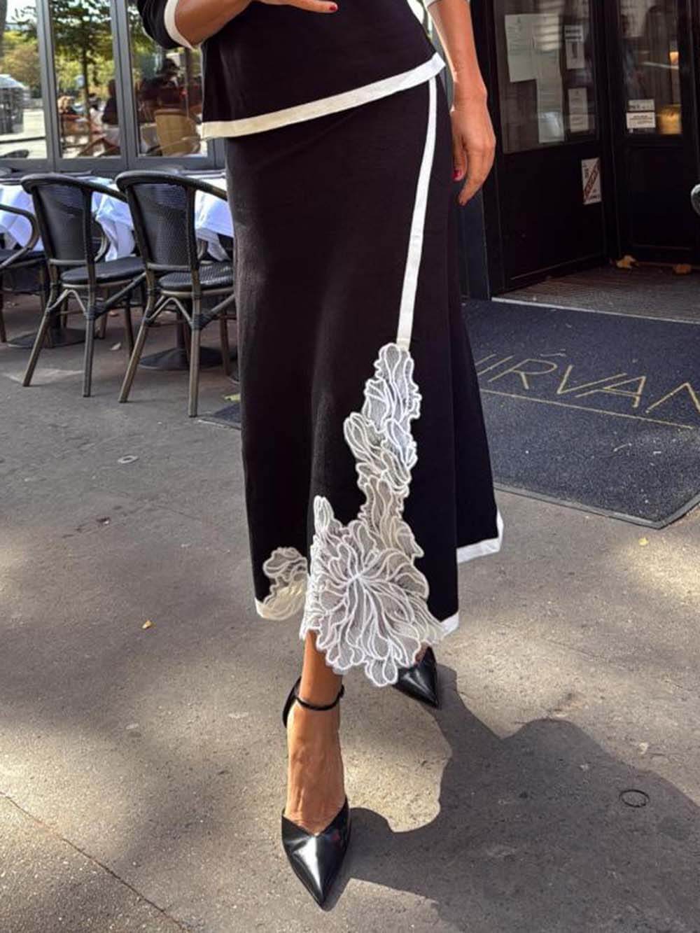 Classic Colorblock Lace Floral Midi Skirt Black