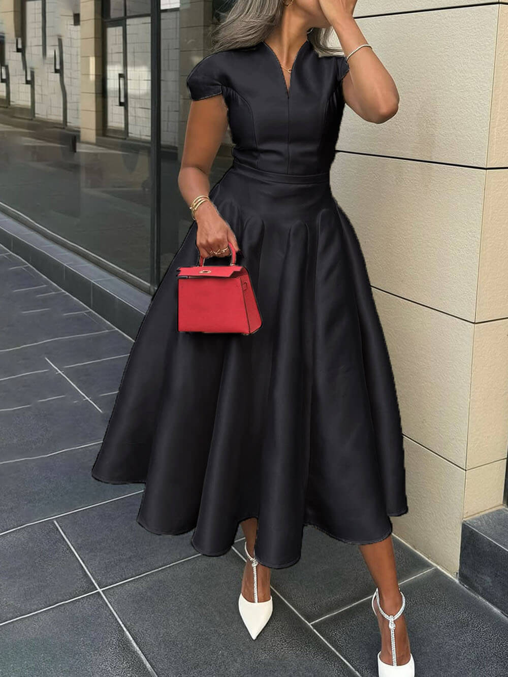Elegant Pleated V-Neck Waisted A-Line Midi Dress Black