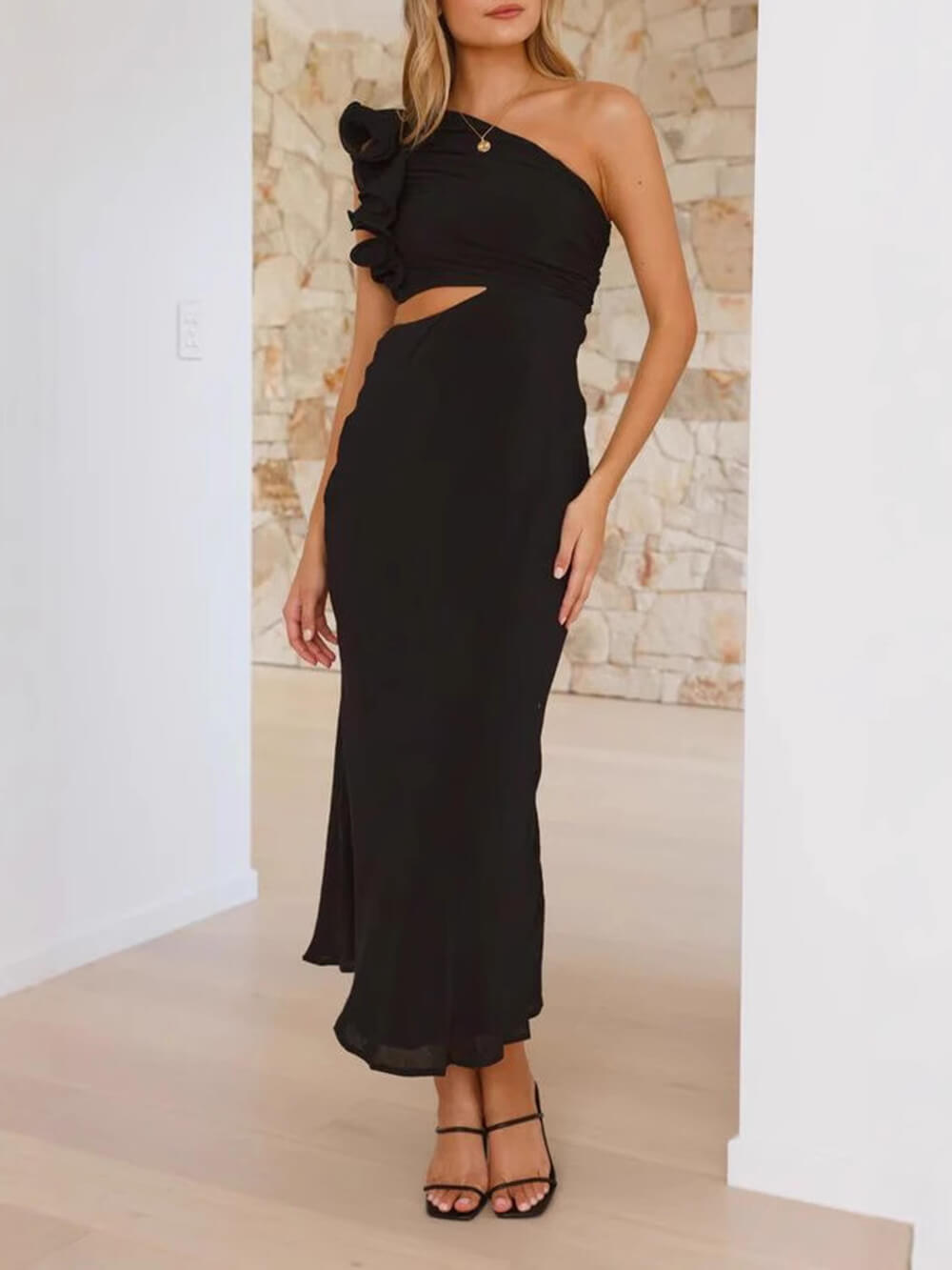 Prom Fashion Pleated One-Shoulder Hollow Slim Maxi Dress Black