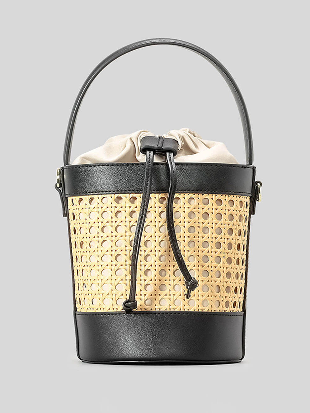 Beach Holiday Hollow Hand-Woven Rattan Drawstring Bucket Bag Black
