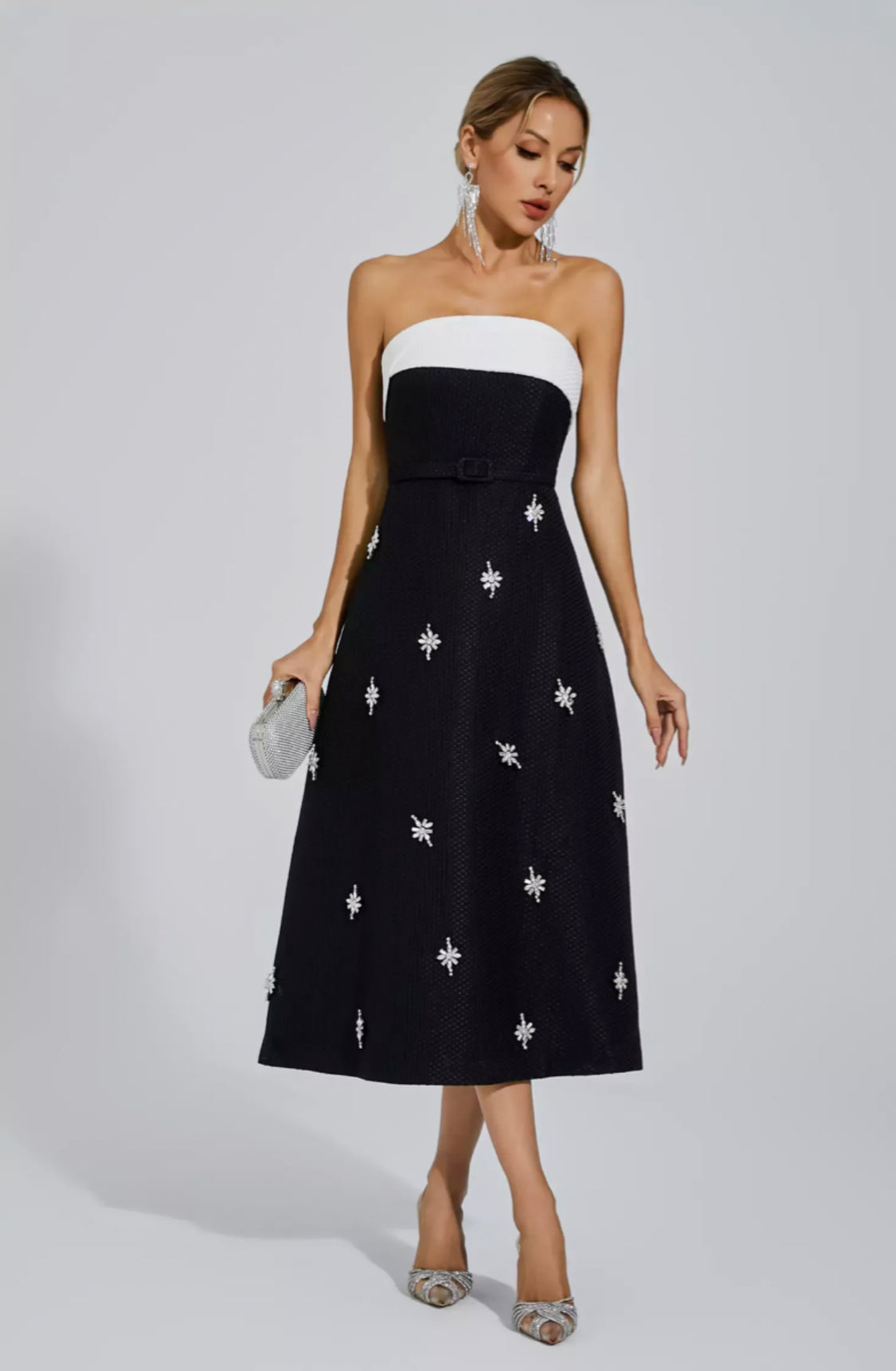 Emberlyn crystal tweed midi dress