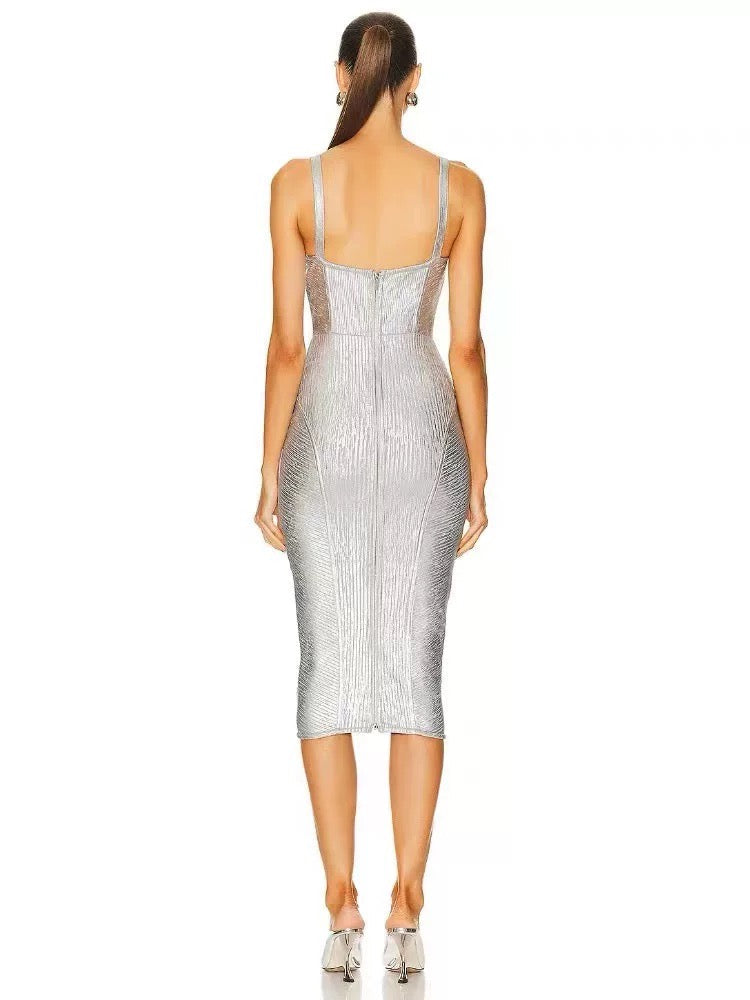 Metallic silver midi dress
