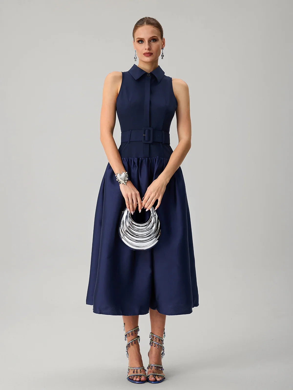 Maddie Navy Tailored Belted Midi Dress