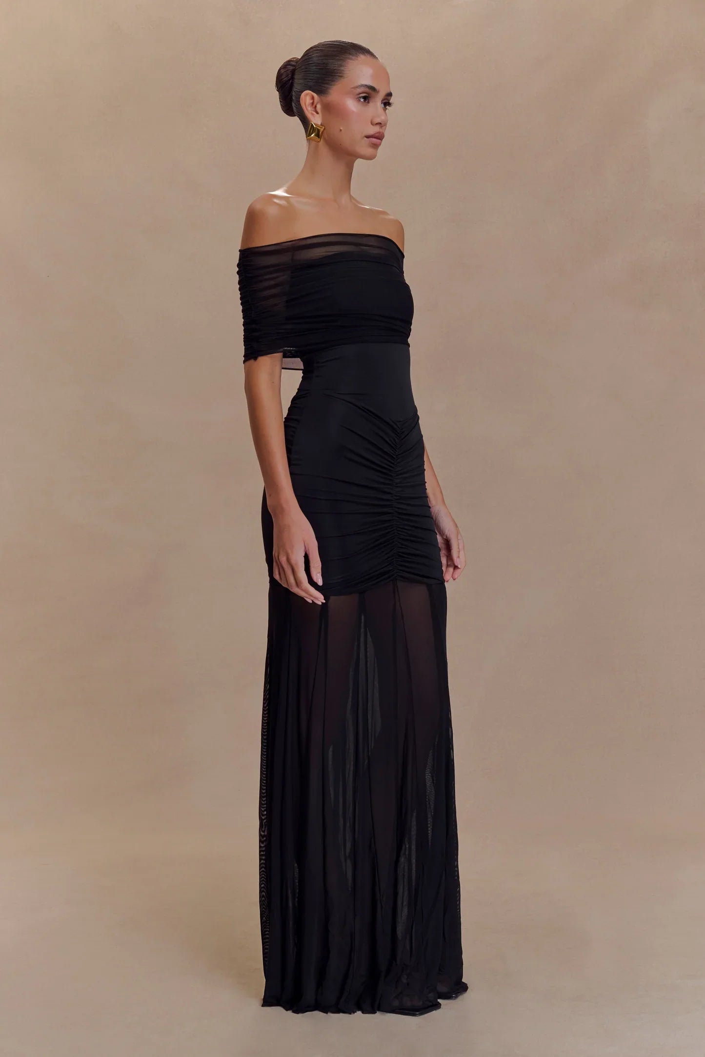 Noir Sheer Ruched Strapless Gown