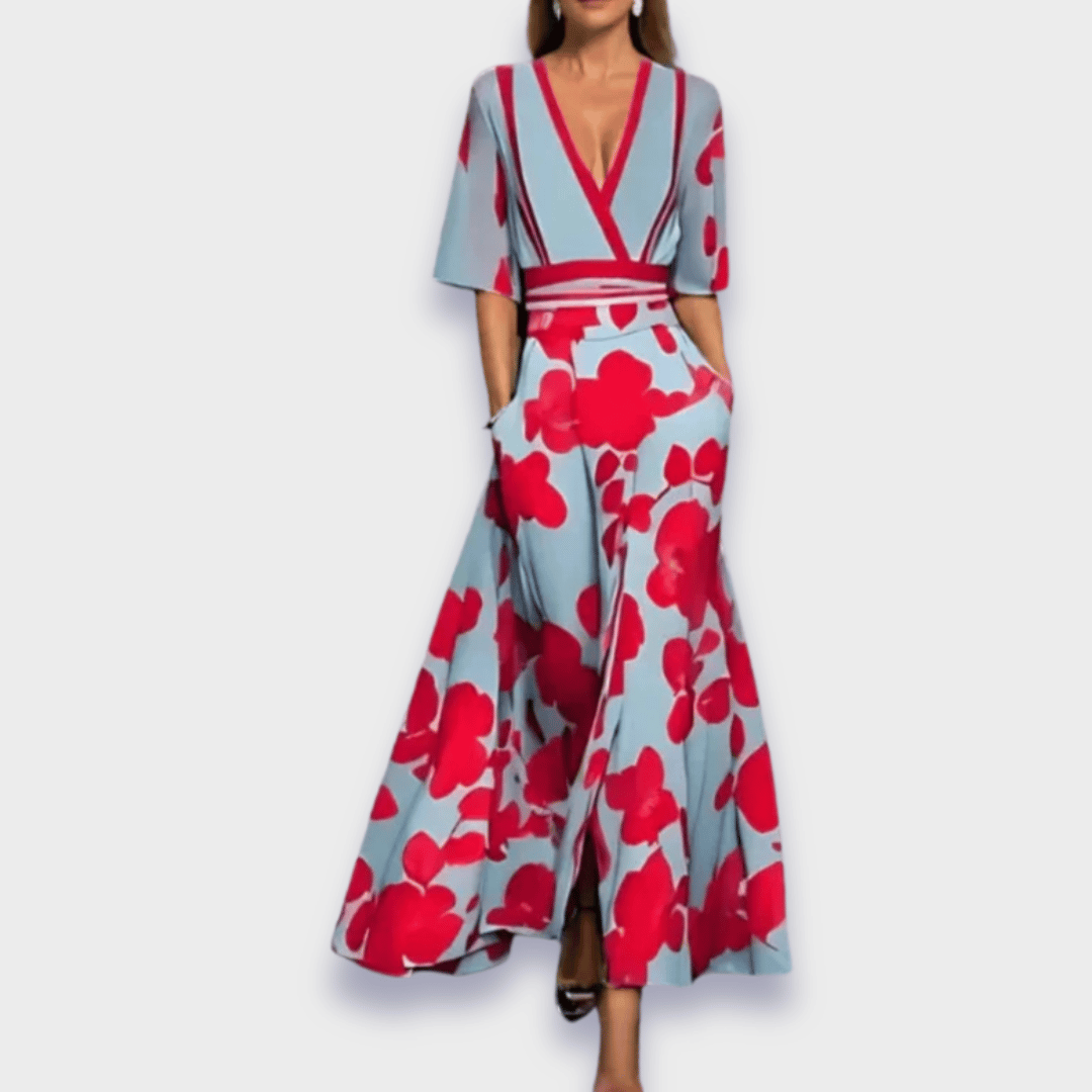 Beatrice — Floral Print Maxi Dress With Elegant V-Neck Summer Gown Design red