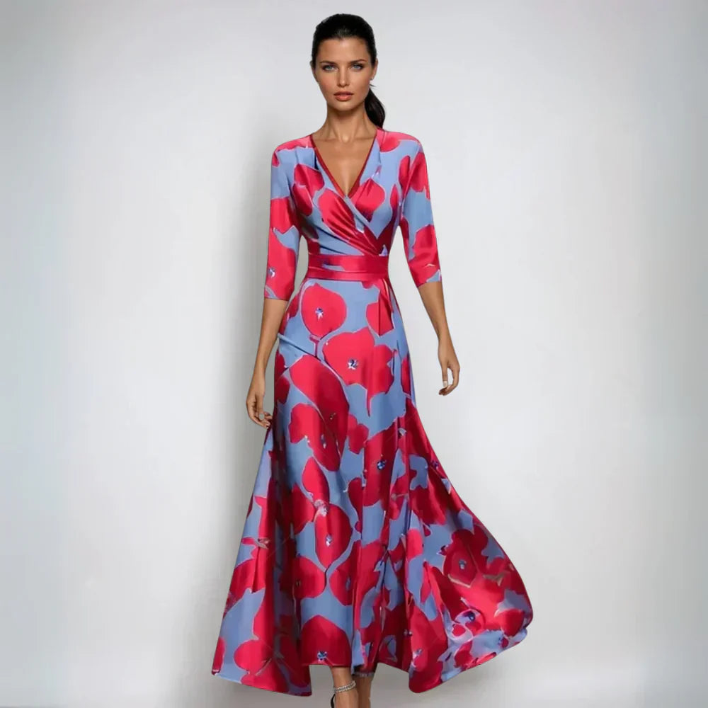 Beatrice — Floral Print Maxi Dress With Elegant V-Neck Summer Gown Design light blue