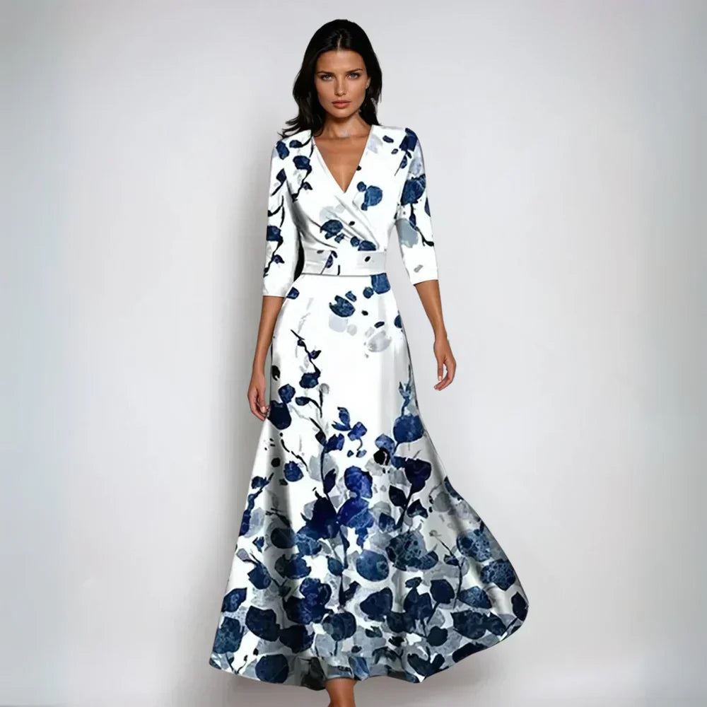 Beatrice — Floral Print Maxi Dress With Elegant V-Neck Summer Gown Design Dark Blue