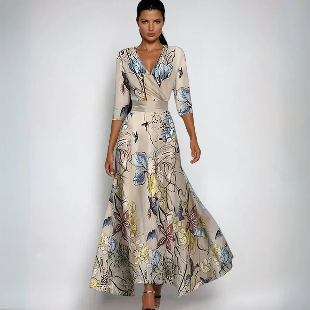 Beatrice — Floral Print Maxi Dress With Elegant V-Neck Summer Gown Design Beige