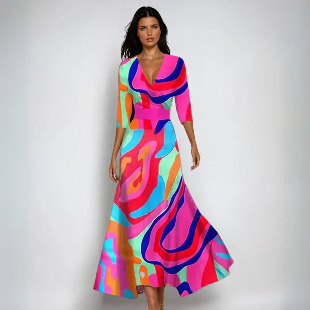 Beatrice — Floral Print Maxi Dress With Elegant V-Neck Summer Gown Design Multicolor