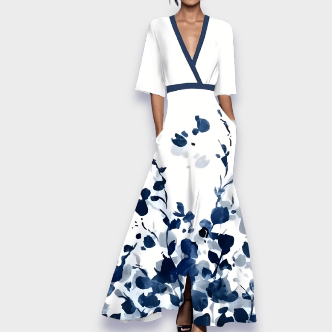Beatrice — Floral Print Maxi Dress With Elegant V-Neck Summer Gown Design white