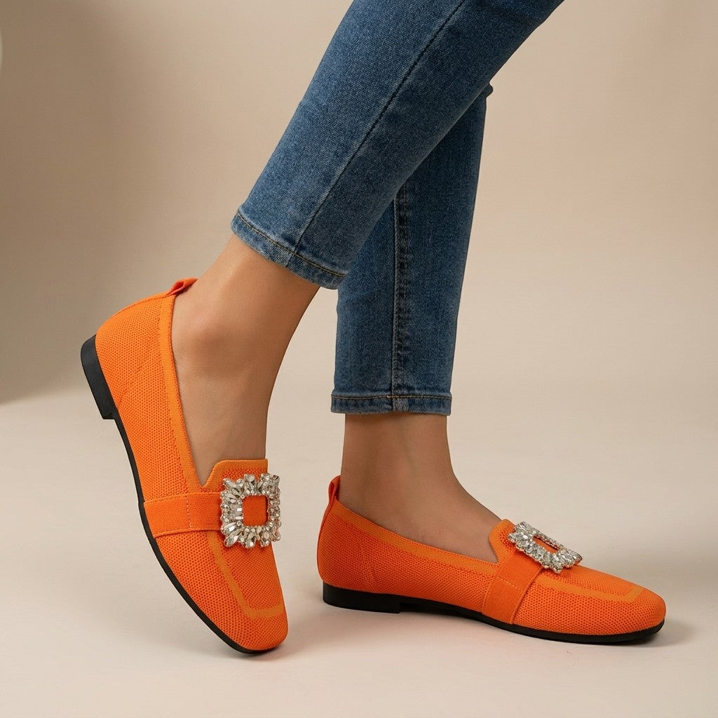 Loraine — Elegant Jewel Detail Slip-On Loafers With Stylish Square Toe Design Orange