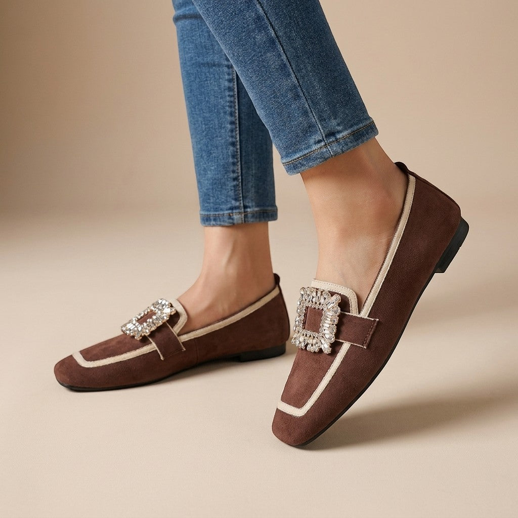 Loraine — Elegant Jewel Detail Slip-On Loafers With Stylish Square Toe Design Brown
