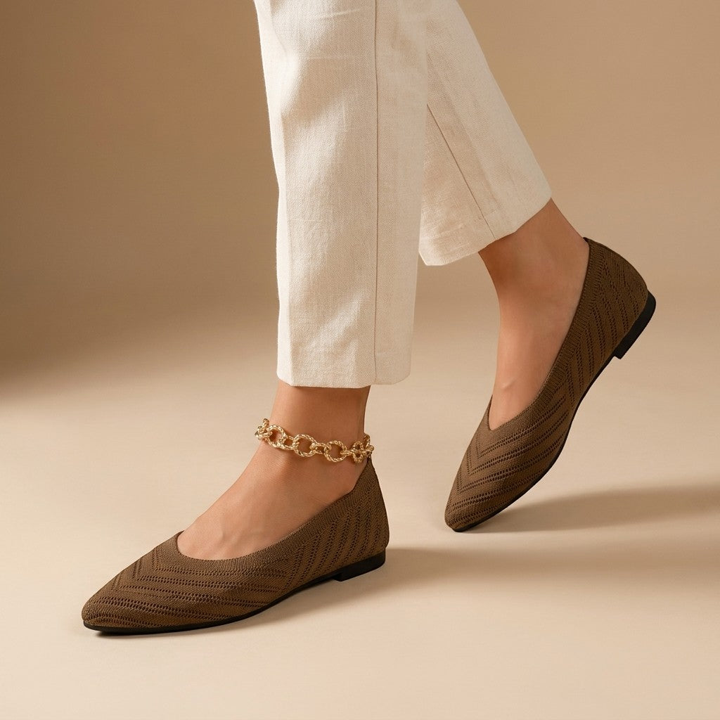 Elianthe — Breathable Knit Loafers With Elegant Slip-On Chain Detail Design Light Brown