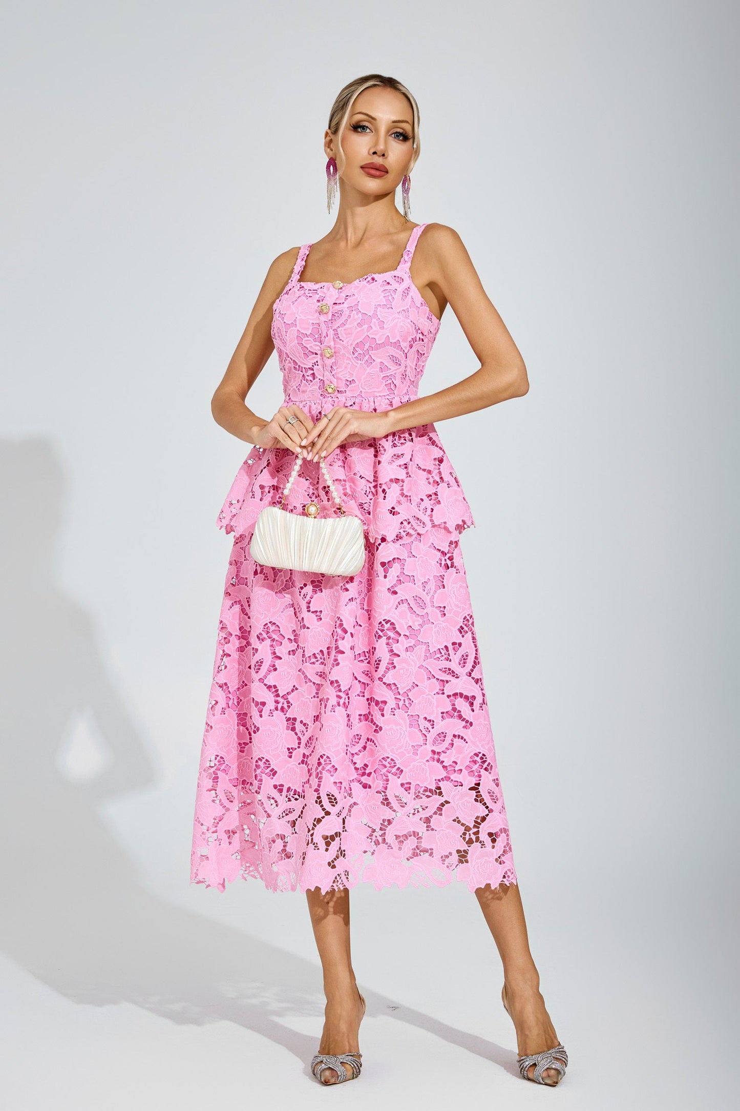 Amélie Pink Lace Peplum Midi Dress