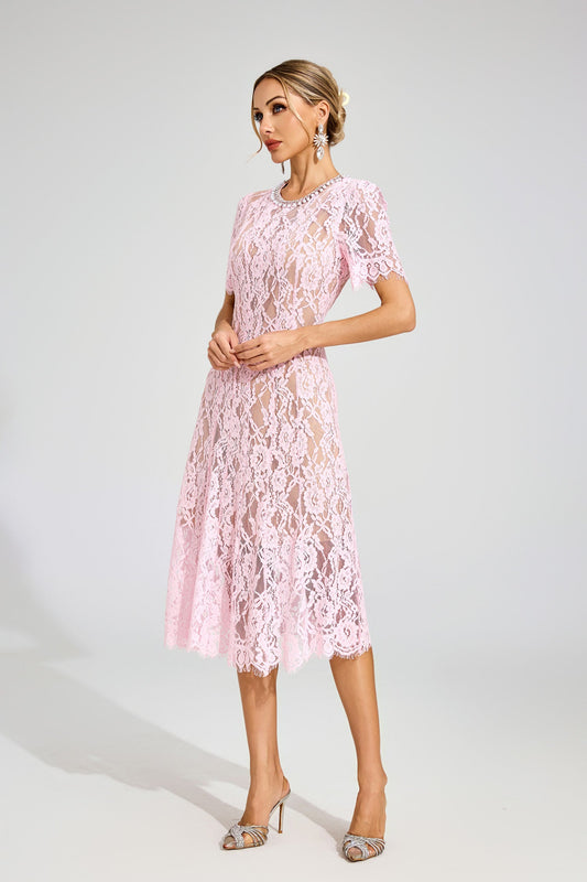 Jolie Sheer Pink Lace Midi Dress