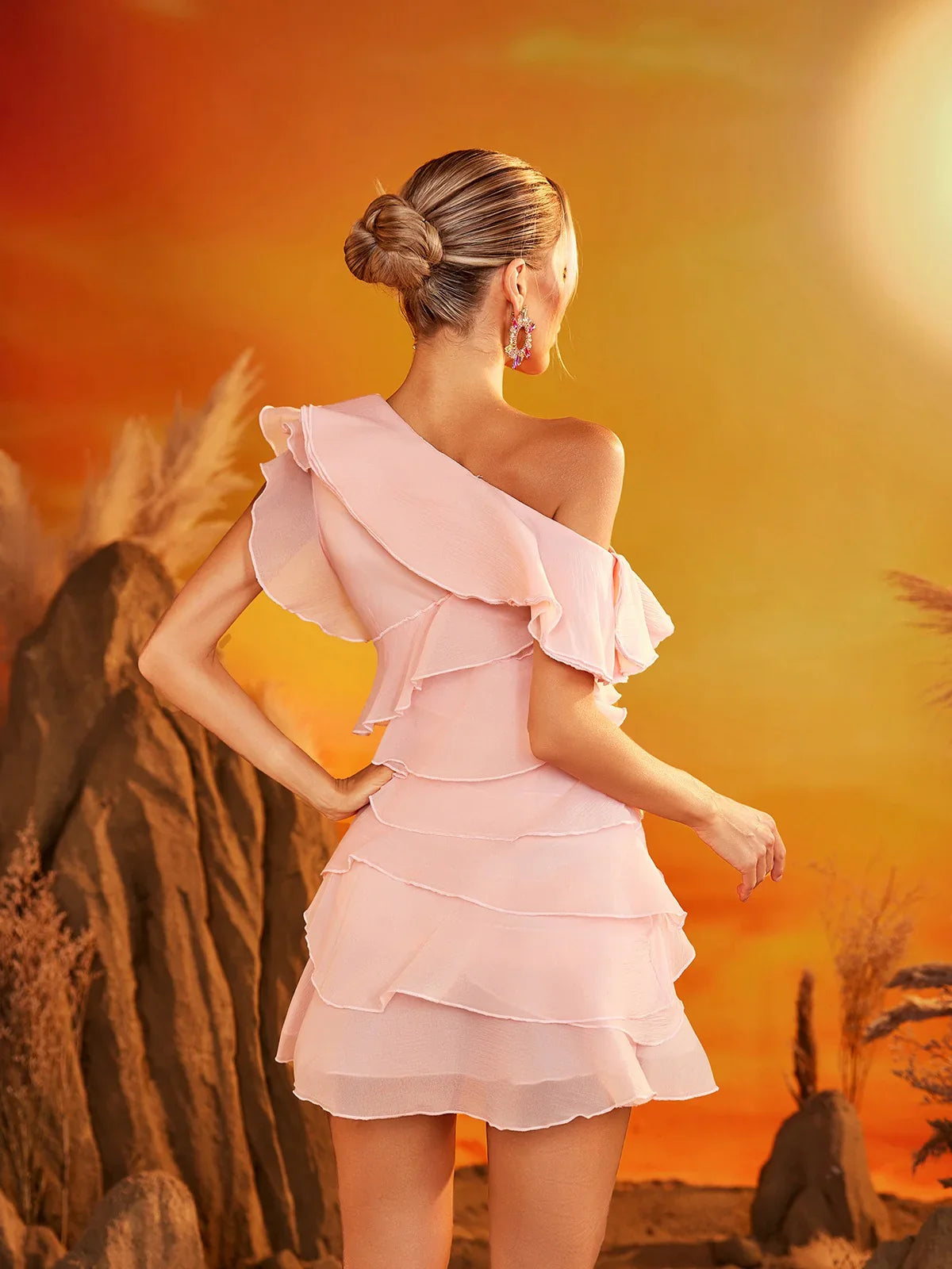 One shoulder ruffle flower mini dress