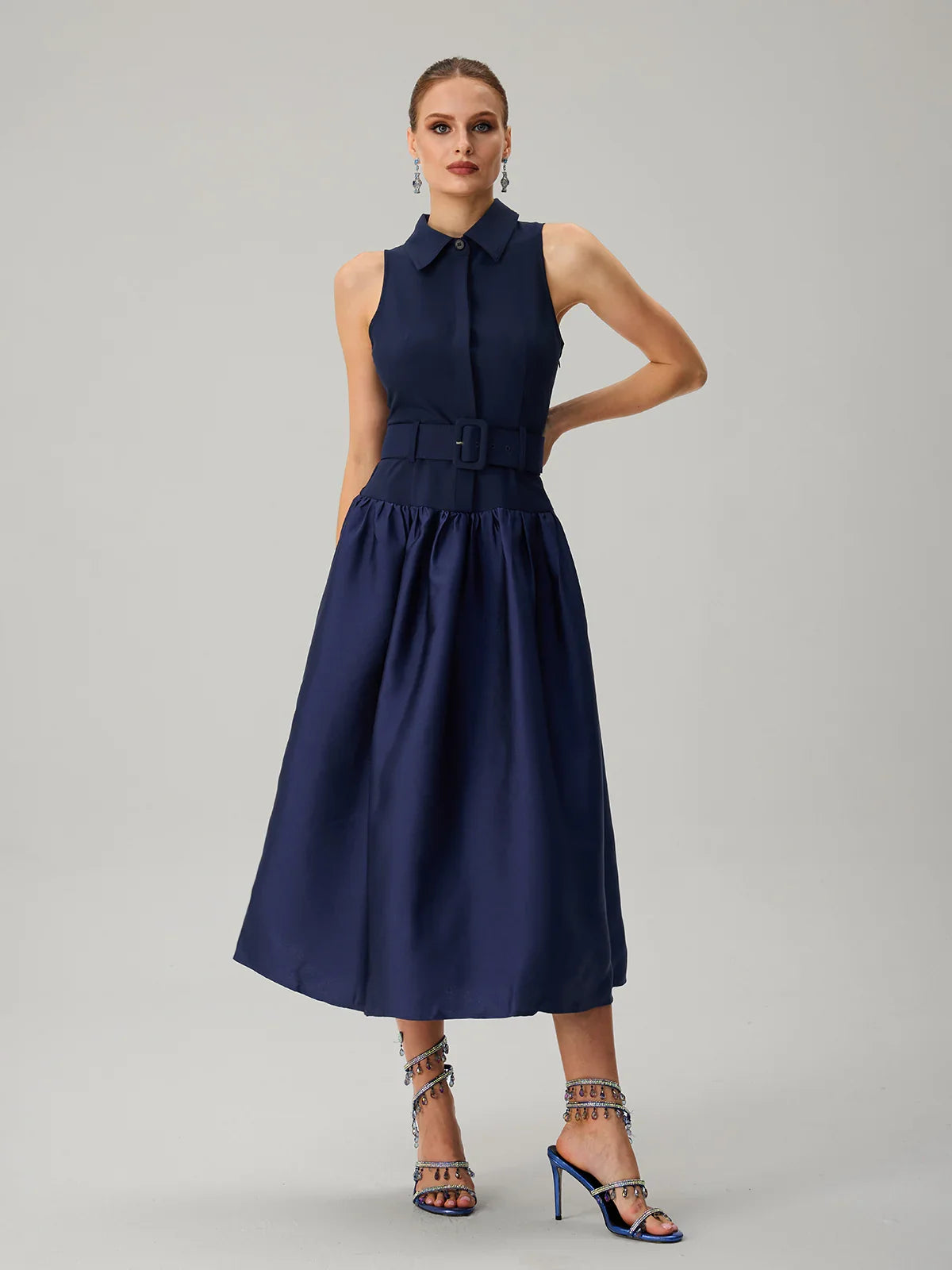 Maddie Navy Tailored Belted Midi Dress