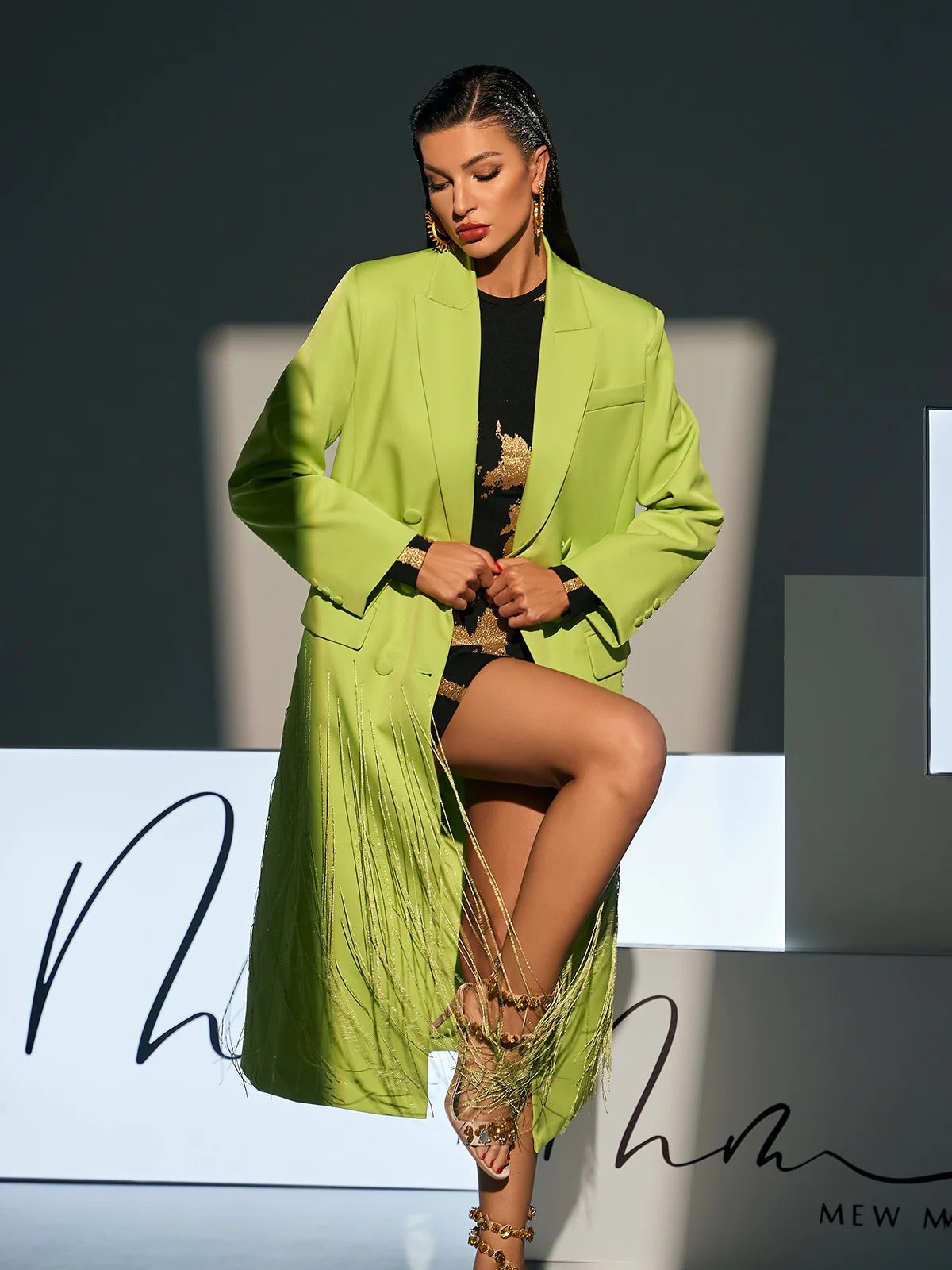 Neon green crystal fringe blazer coat