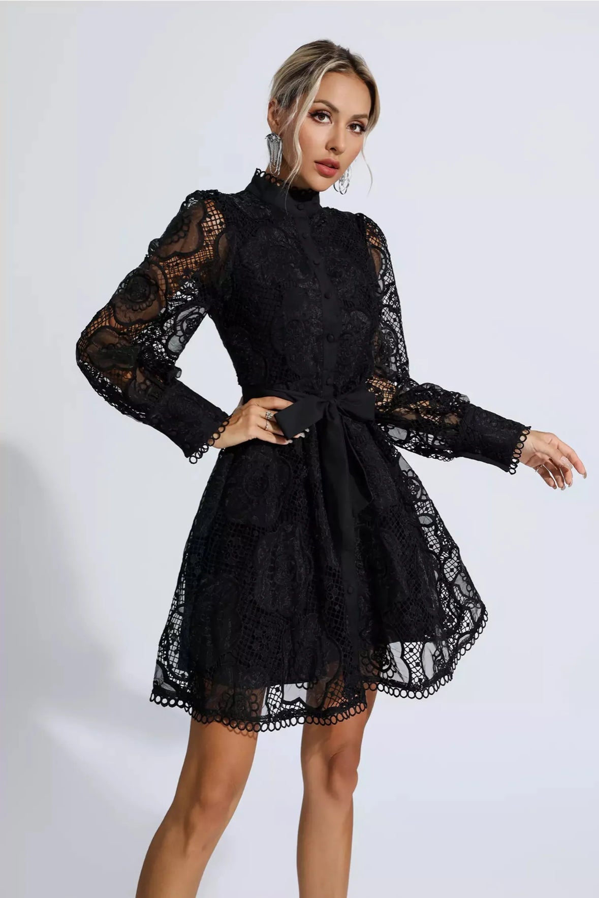 Floral lace tied black mini dress