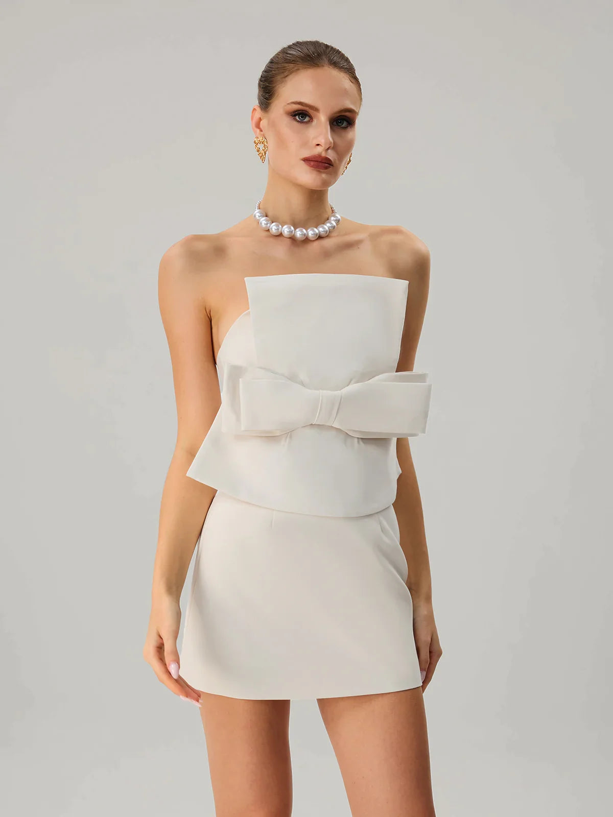 Ivory Strapless Bow Mini Dress