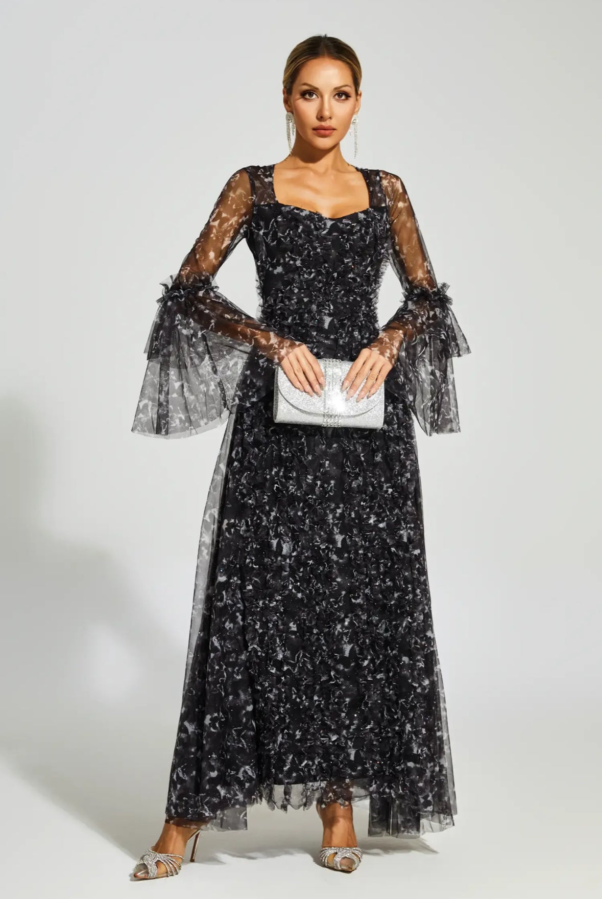 Black floral mesh maxi dress
