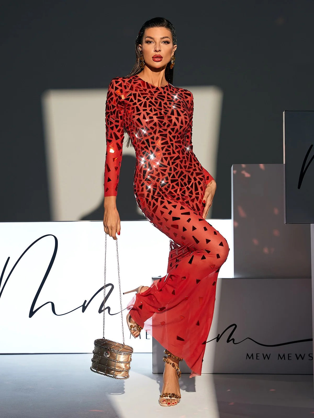 Red Acrylic mesh maxi dress