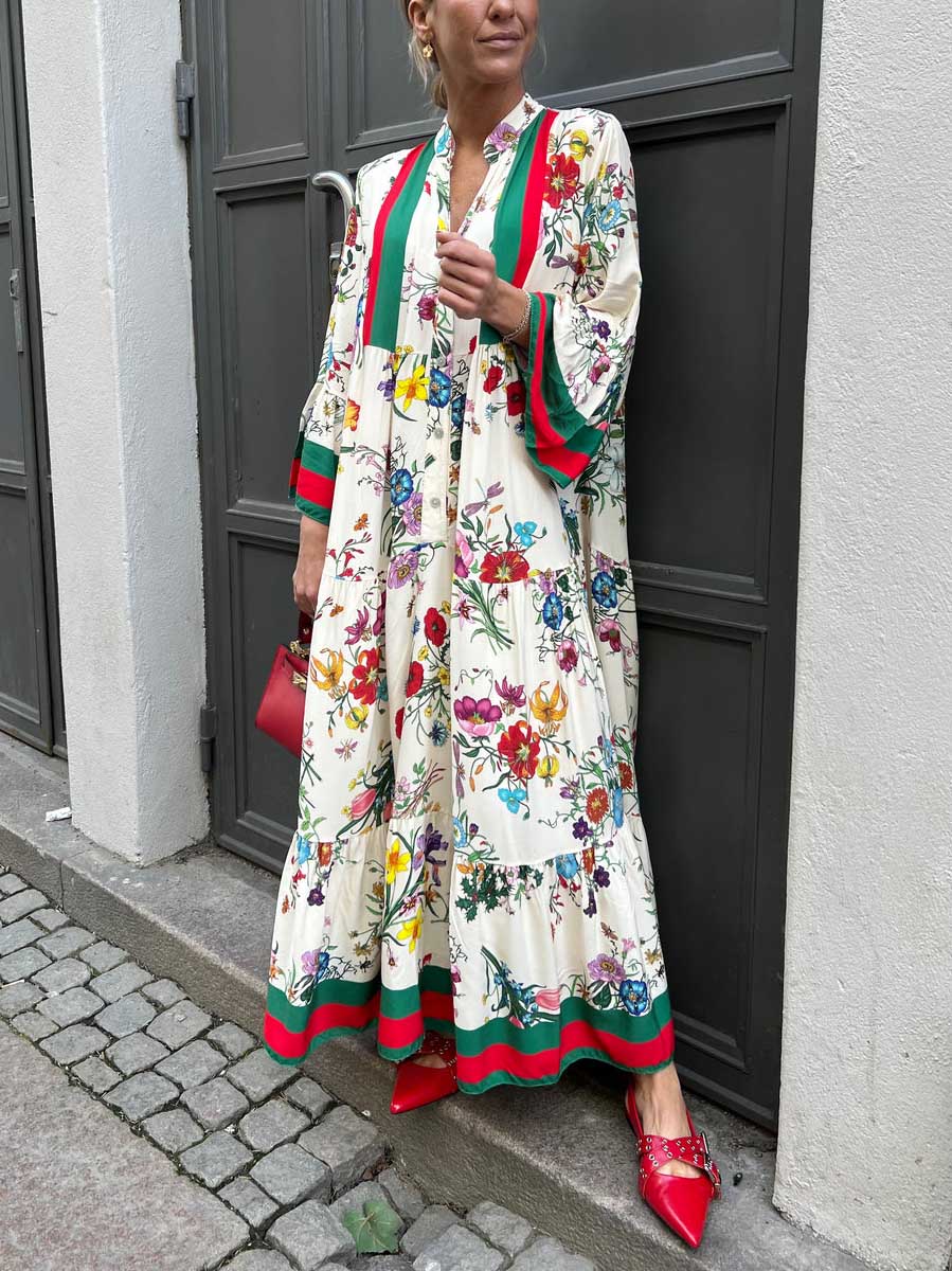 Resort Floral Print Bell Sleeve Maxi Dress White