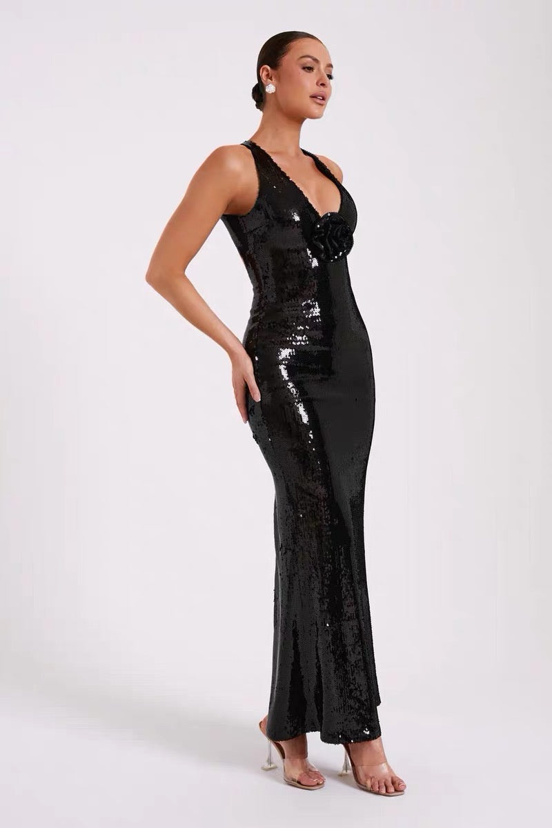 Flower sequin maxi backless dress