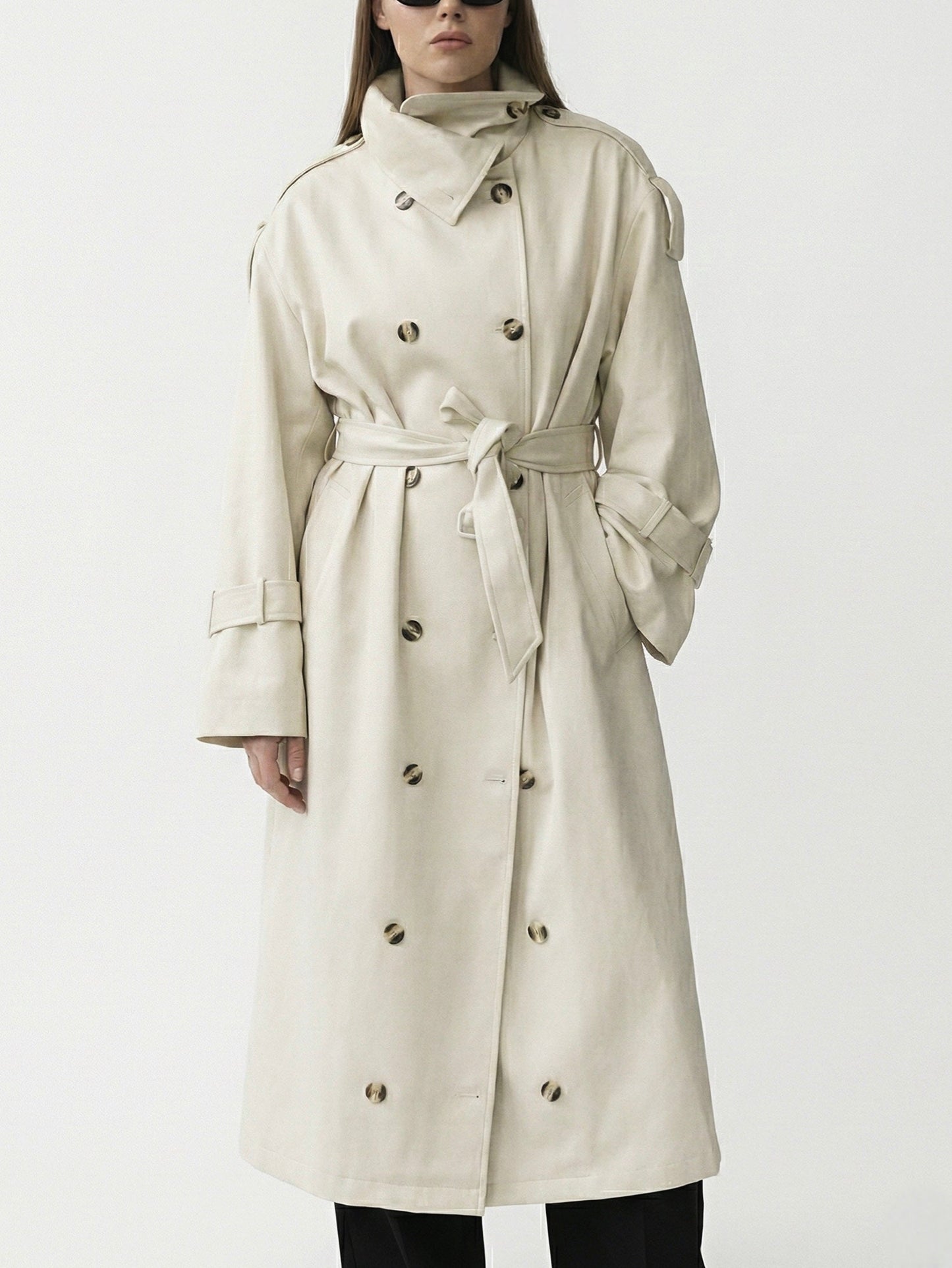 Zoe | High-Neck Belted Long Trench Coat