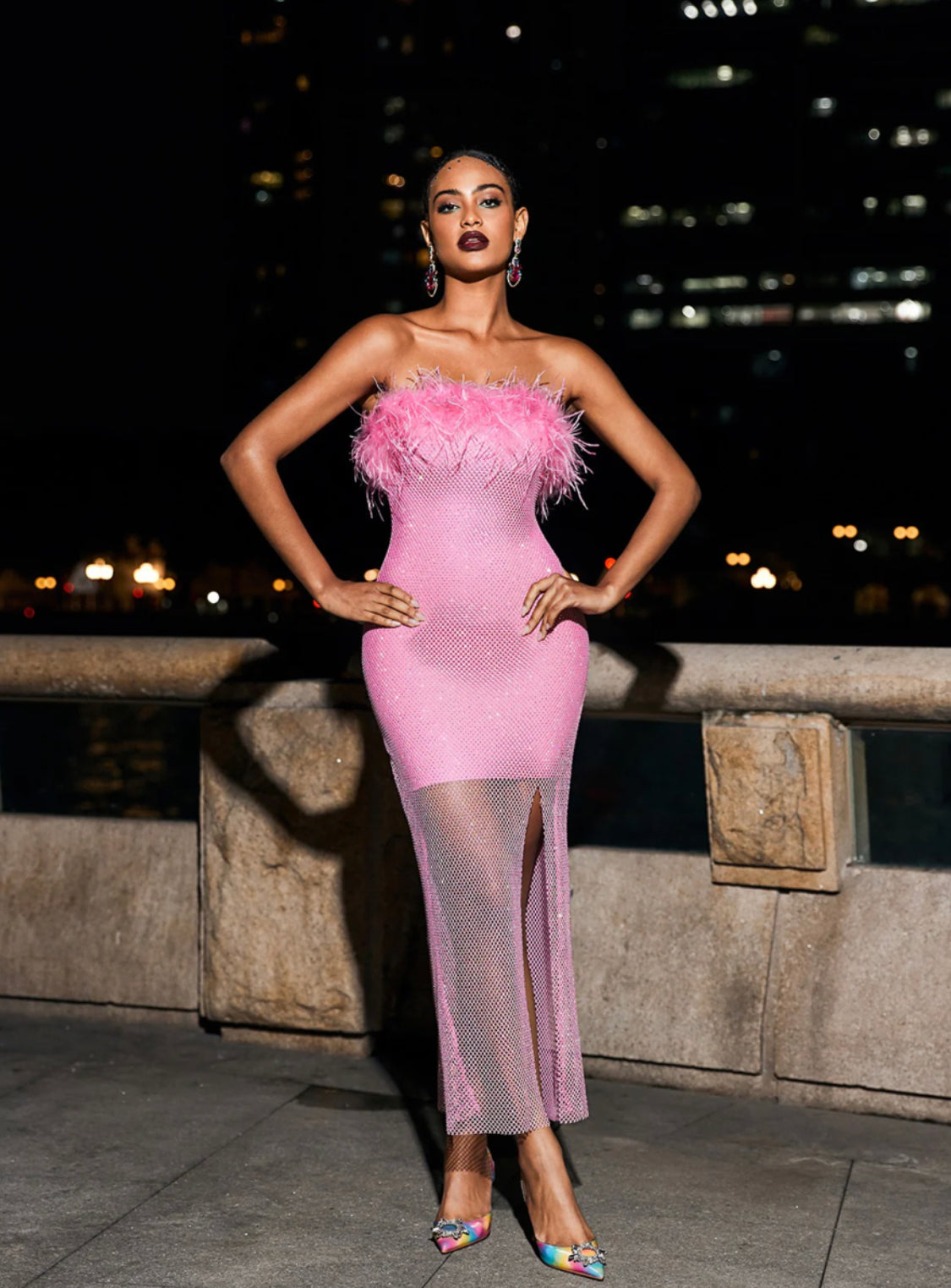 pink rhinestone mesh/feather maxi dress