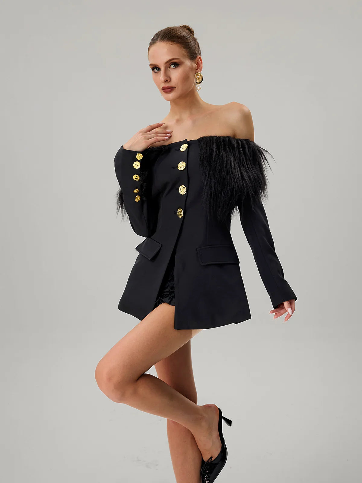 Noir Plume Off-Shoulder Blazer Dress