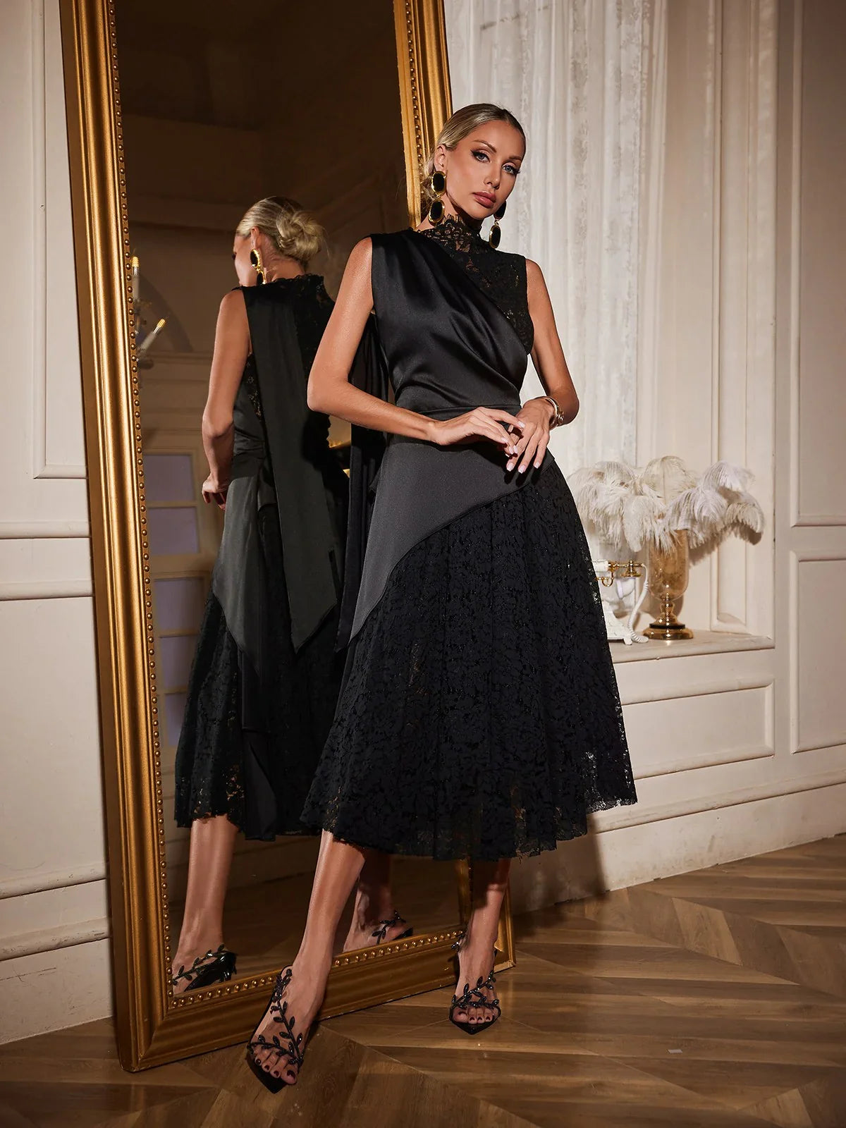 Élégante Draped Lace Gown