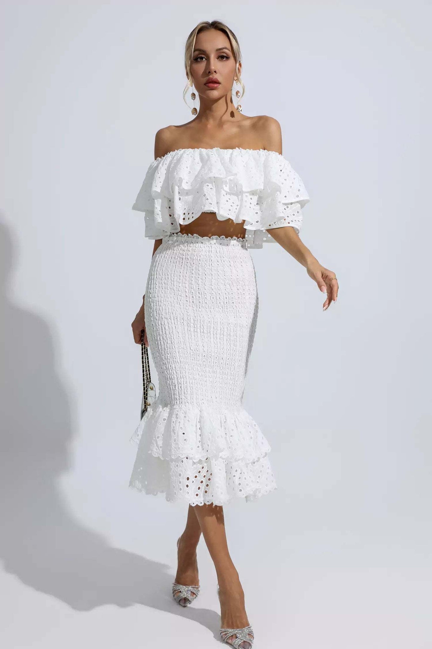 Winnie off shoulder ruffle set-White
