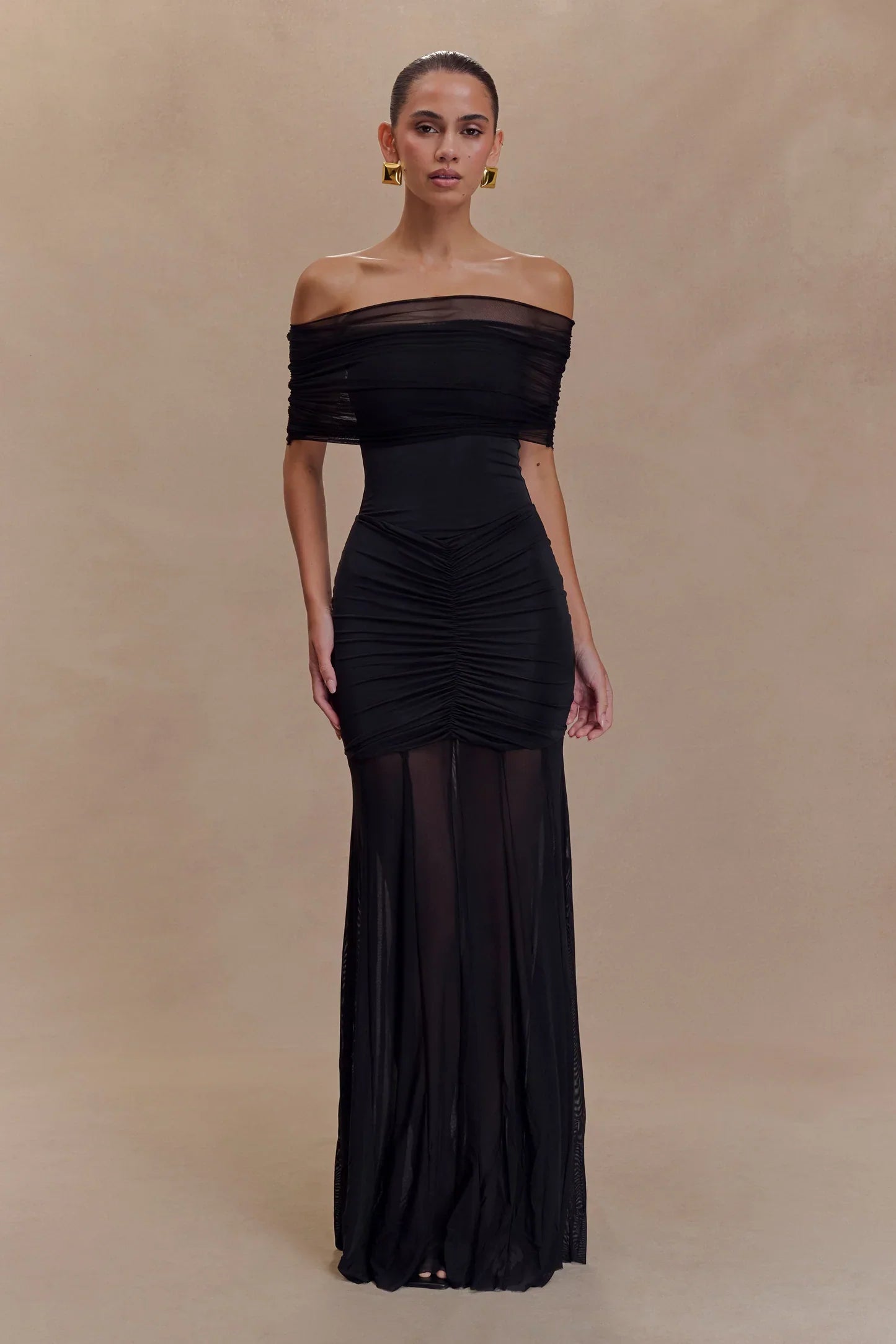 Noir Sheer Ruched Strapless Gown Size L